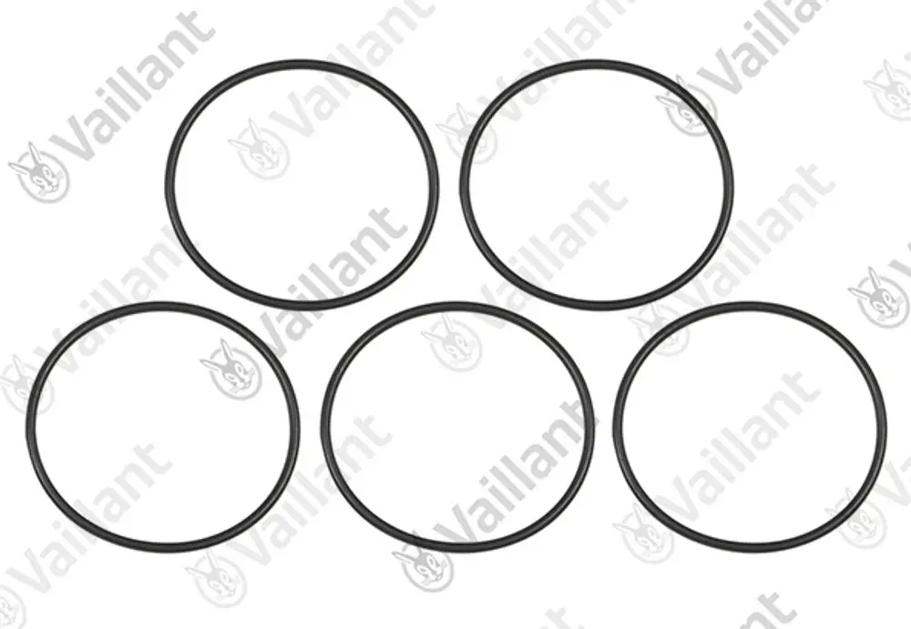 Fünf schwarze O-Ringe mit gleichmäßiger Form, angeordnet in zwei Reihen, auf hellem Hintergrund. Marke Vaillant ist sichtbar.